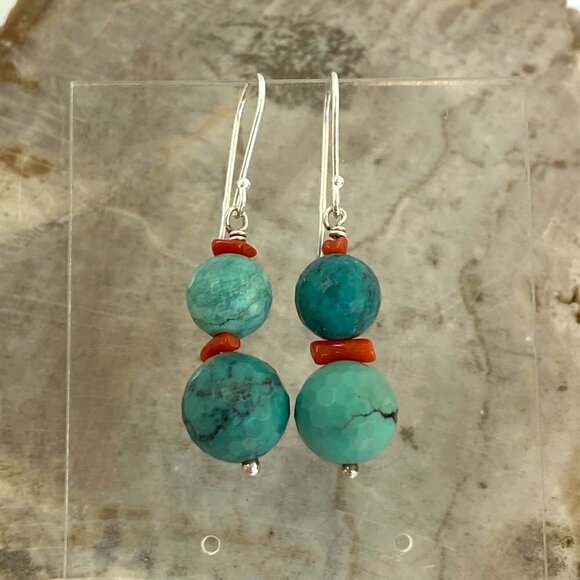 Sterling Silver 925 1.7" Faceted Turquoise Red Coral Beaded Dangle Drop Earrings - Picture 12 of 16